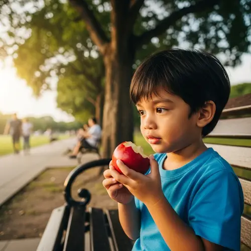 Young Filipino Boy Enjoying Fresh Apple in Park