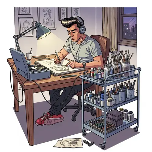 Hispanic Artist Sketching at Drawing Table | Comic Style Illustration