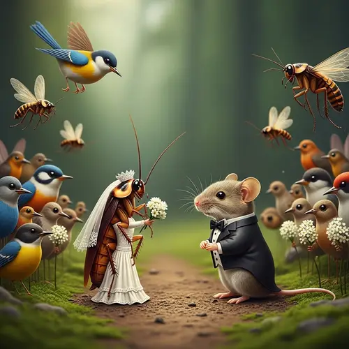 Whimsical Wedding: Female Cockroach & Male Mouse Ceremony
