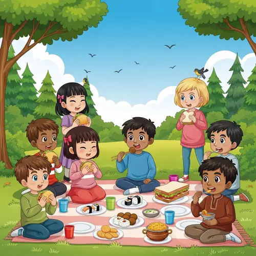 Multicultural Children Enjoying Picnic in Park | Diverse Food Scene