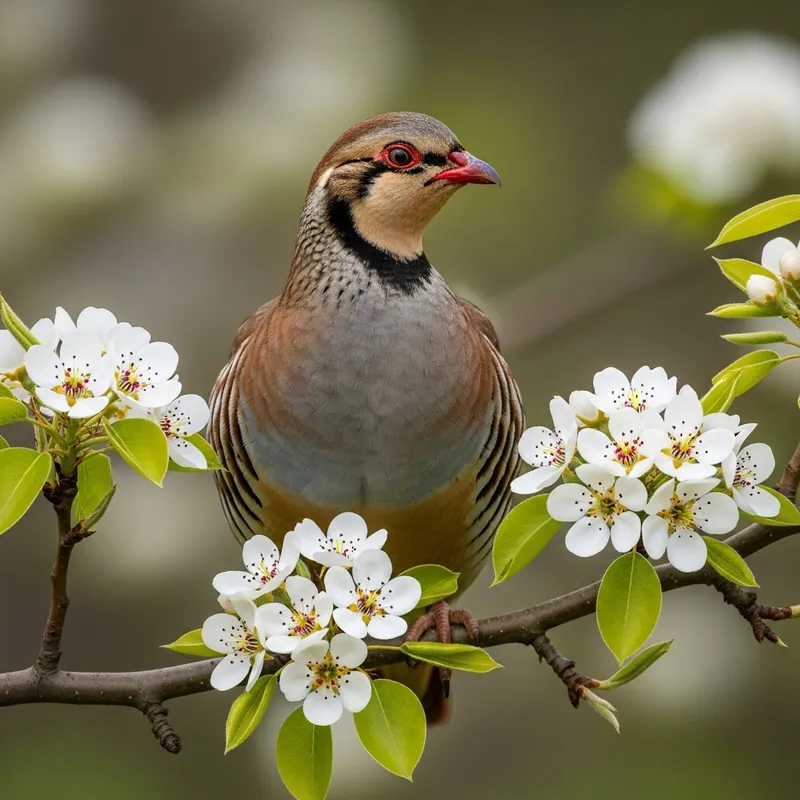 Partridge on Blooming Pear Tree Branch - Nature-inspired Composition