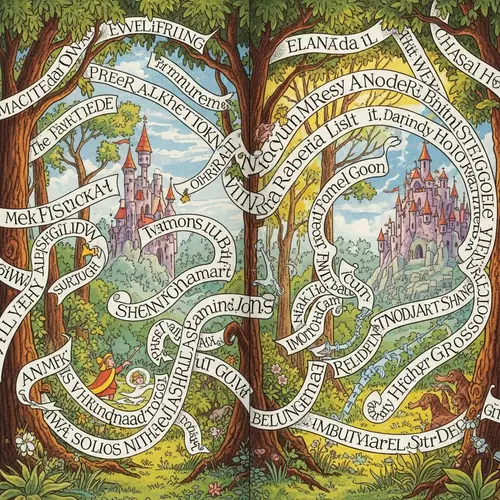 Enchanted Storybook Scene with Jumbled-up Words