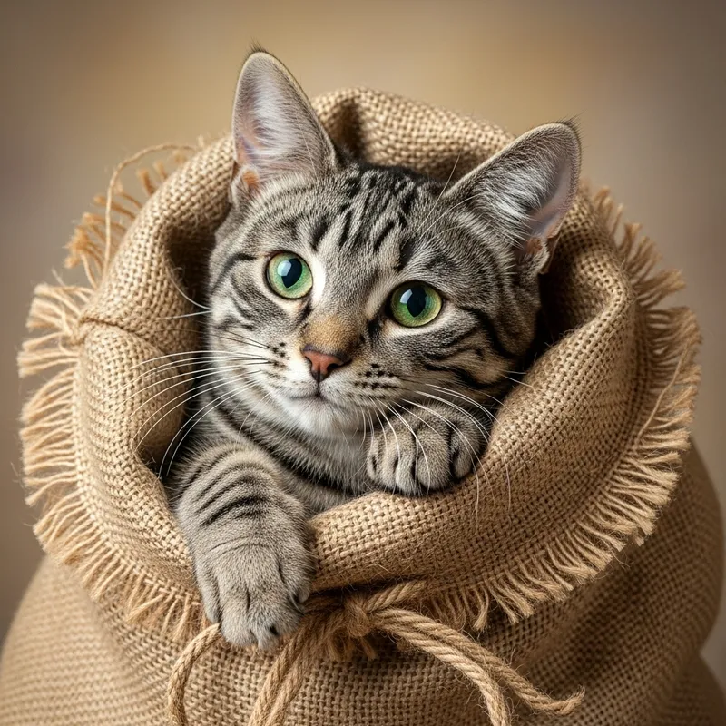 Curious Tabby Cat in Beige Burlap Bag