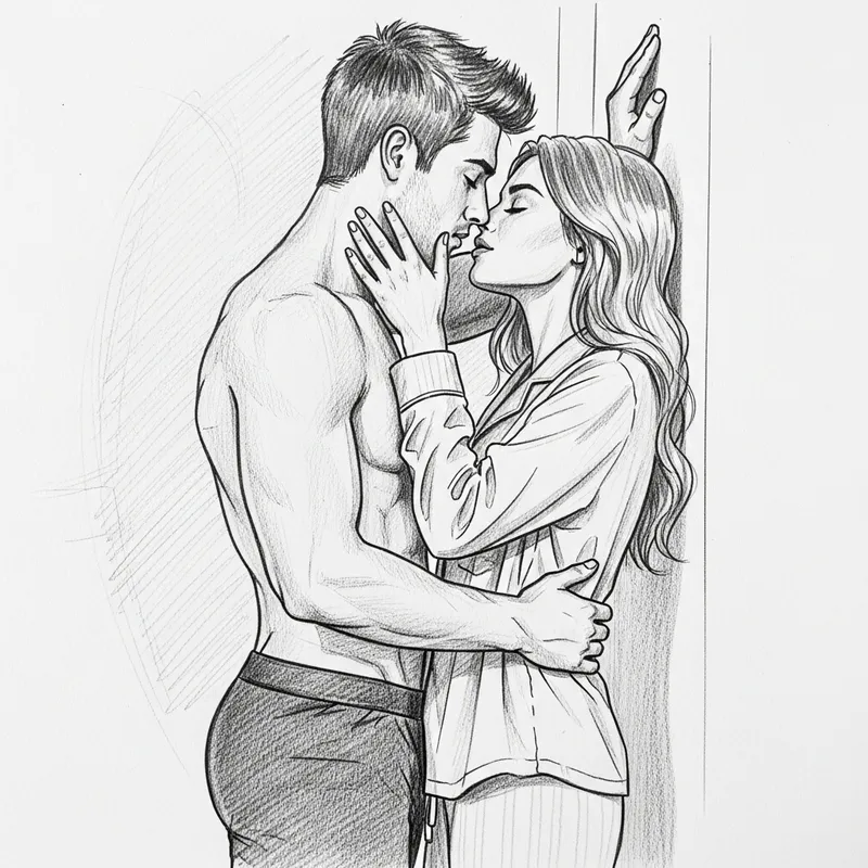 Tender American Couple's Kiss: Hand-Drawn Pencil Sketch