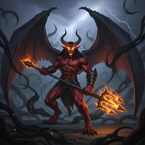 Frightening Demon Creature with Fiery Eyes and Iron Trident