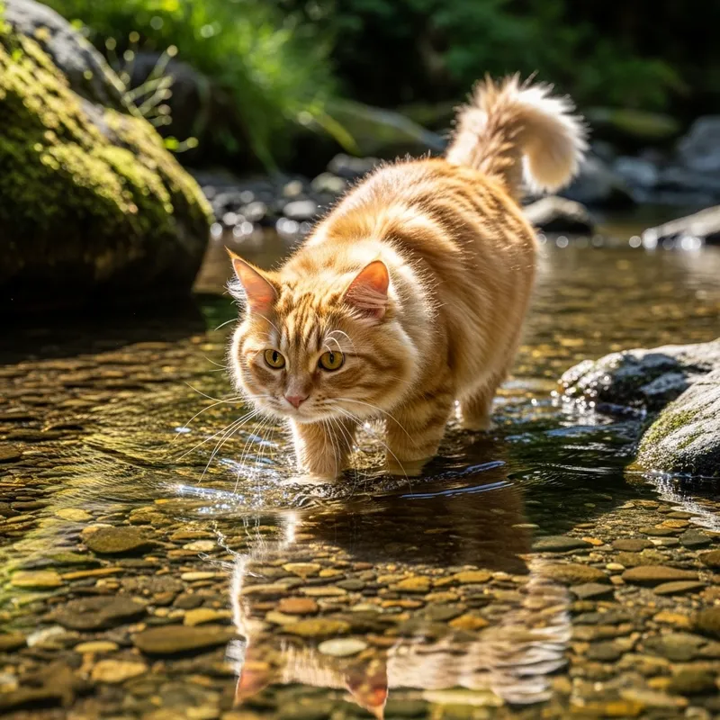 Curious Orange Tabby Cat Exploring Water
