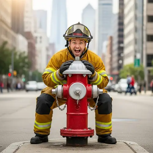 Caucasian Male Firefighter Playfully Gnawing on Fire Hydrant