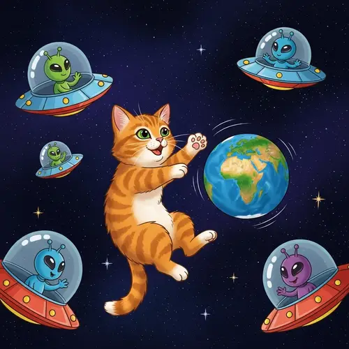 Whimsical Space Cat Playing with Earth and Aliens