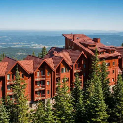 Modern Cedar Wooden Hotel Residence with Stepped Gable Roof