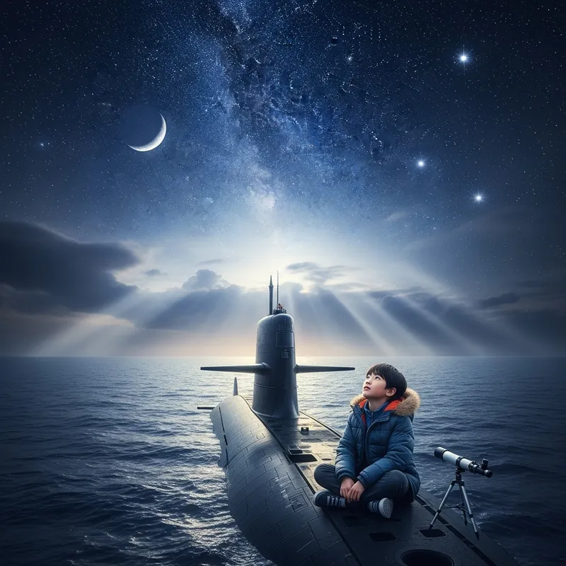 Asian Boy Stargazing from Submarine Deck Asian Boy Stargazing from Submarine Deck