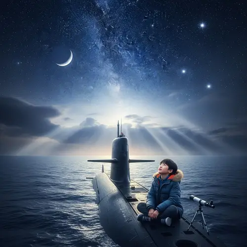 Asian Boy Stargazing from Submarine Deck