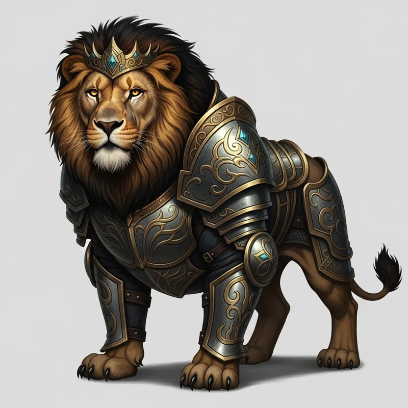 Formidable Lion with Black Mane and Gold Eyes in Artistic Armor