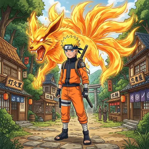 Naruto - Young Ninja with Nine-Tailed Fox in Oriental Village