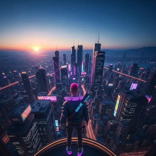 Futuristic Cityscape at Sunset: Cyberpunk Marvels in Neon Glow