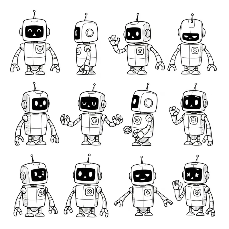 Consistent Cute Robot Character: Multiple Poses & Expressions