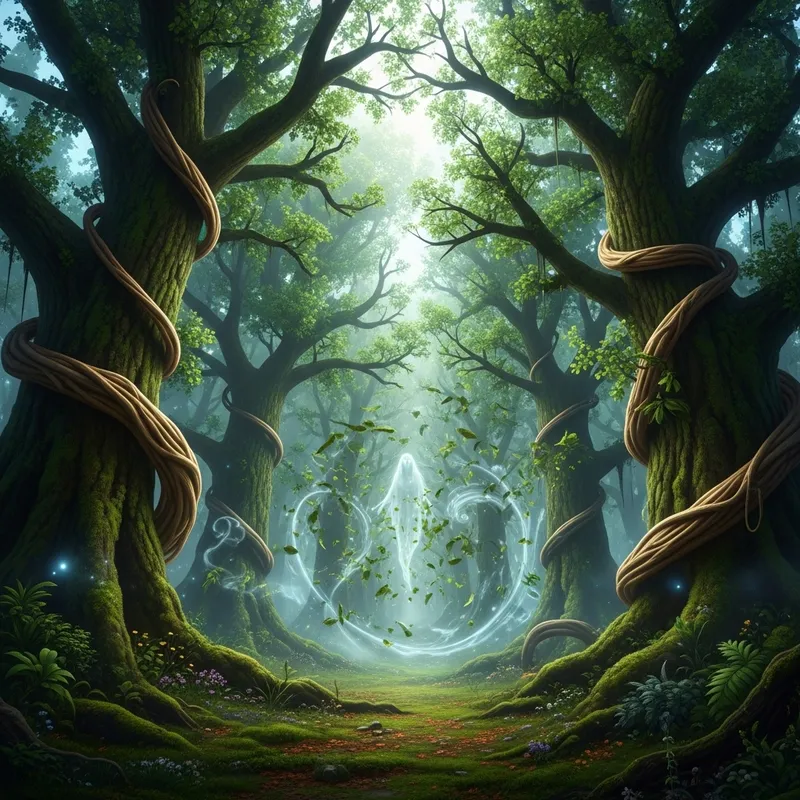 Enchanted Ancient Trees with Ethereal Ghost