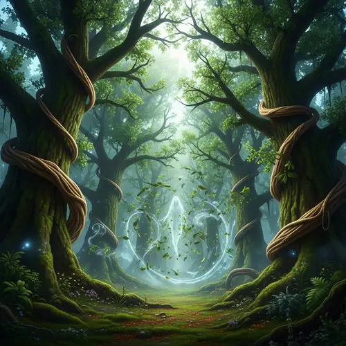 Enchanted Forest with Ancient Trees and Ethereal Ghost