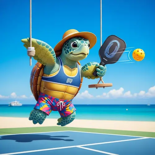 Playful Sea Turtle with Pickelball Paddle - Whimsical Wildlife Scene