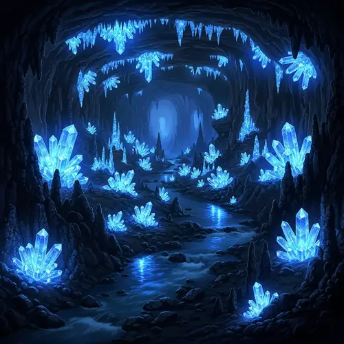 Subterranean Cave with Glowing Crystals and River