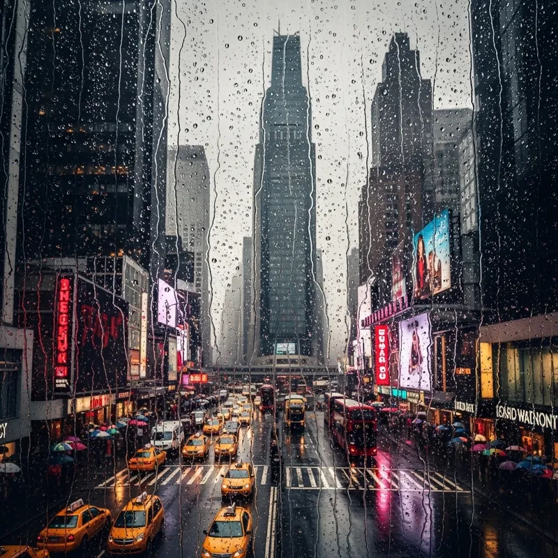 Captivating Cityscape Through Rain-Kissed Glass Wall in Urban Rainfall Scene