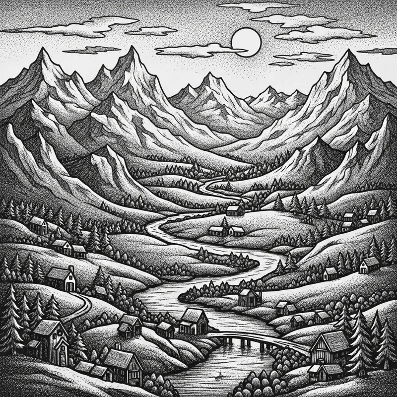 Stunning Landscape Relief Print: Snow-Capped Mountains, Meandering Rivers