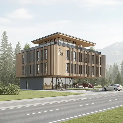 Modern Minimalist Office Building with Rooftop Bar and Parking Lot