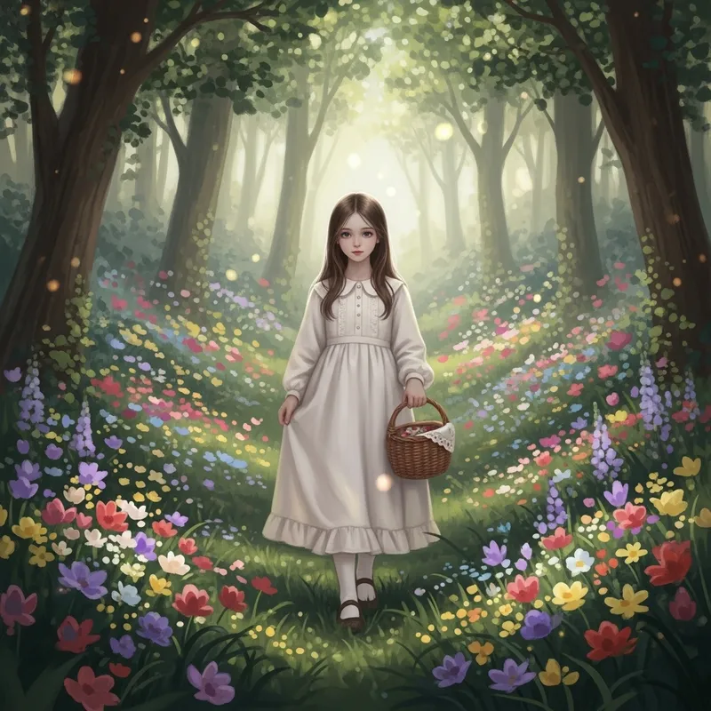 Dreamy Forest Wander: Youthful Girl Amid Vibrant Flowers