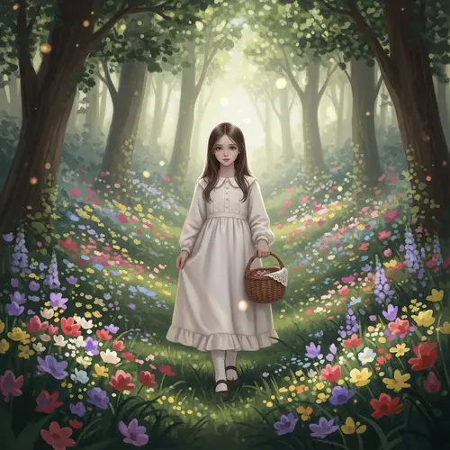 Enchanting Forest Stroll: Young Girl Amid Colorful Flowers