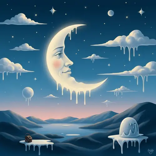 Moonlit Surrealism: Captivating Crescent Moon in Dreamlike Sky