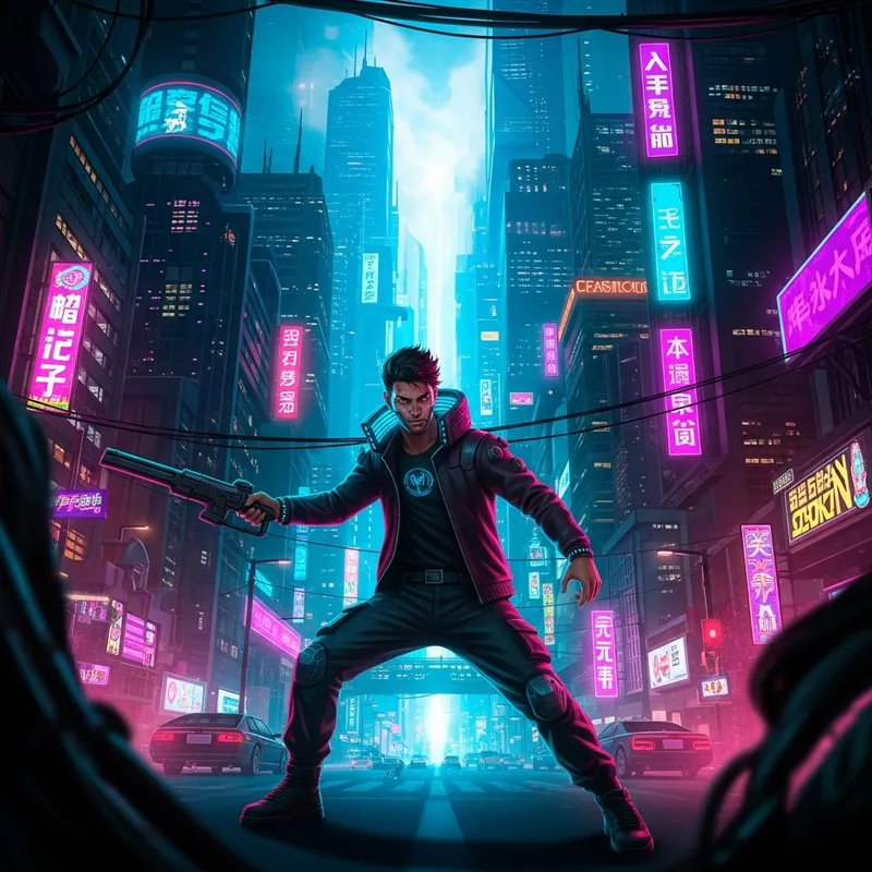 Mysterious Cyberpunk Figure in Futuristic City - Vibrant Neon Colors Mysterious Cyberpunk Figure in Futuristic City - Vibrant Neon Colors