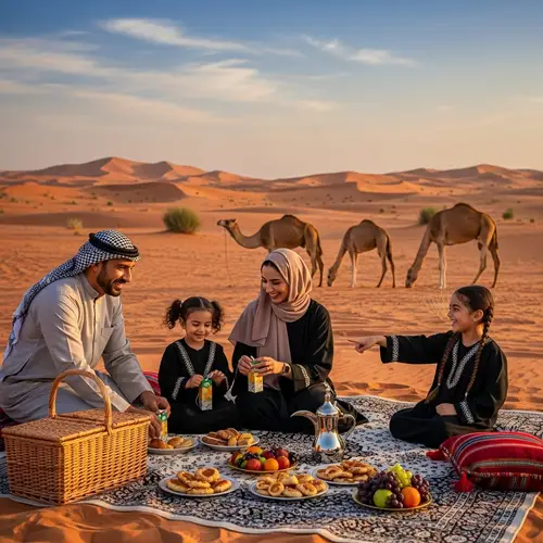 Middle-Eastern Family Picnic in Desert with Camels - Exotic Scene