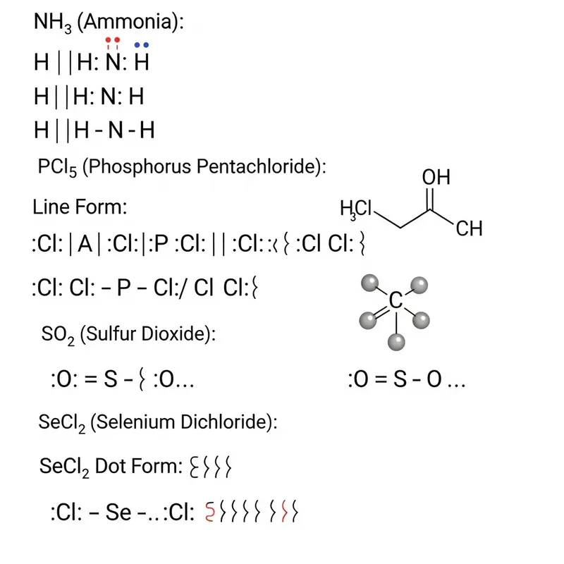 Lewis Structures of Covalent Compounds: KBr, NH3, CaI2, CuSn, Na2O, CdS, PCl5, Mg3N2, SO2, LiI, Al4C3, SeCl2, S2F2, NaF, Al