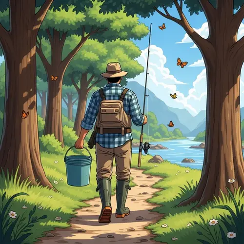 Hispanic Fisherman Walking to River with Bucket and Fishing Rod