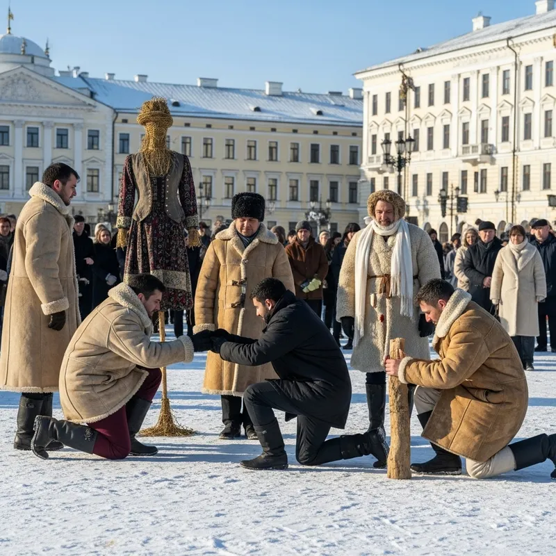 Forgiveness Scene on Snowy Square - Multicultural Gathering Under Sunlight