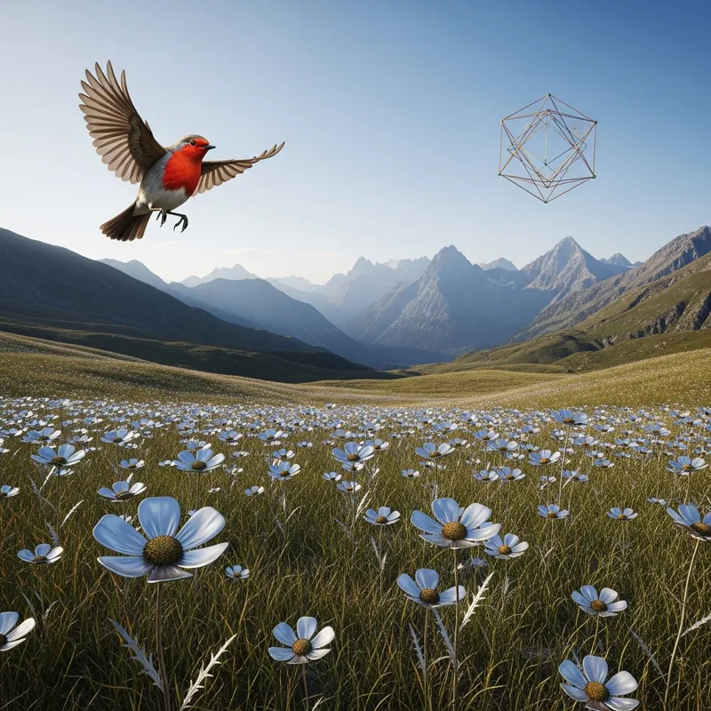 Enchanting Metallic Flower Field in Serene Mountain Landscape Enchanting Metallic Flower Field in Serene Mountain Landscape