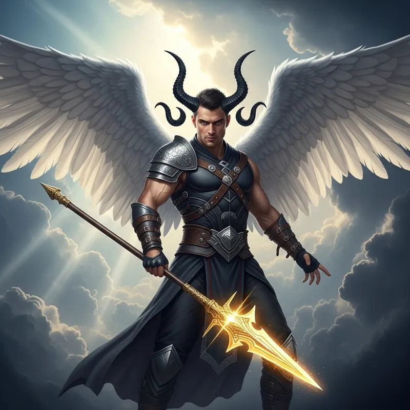 Angel-Demon Hybrid Man with Golden Spear