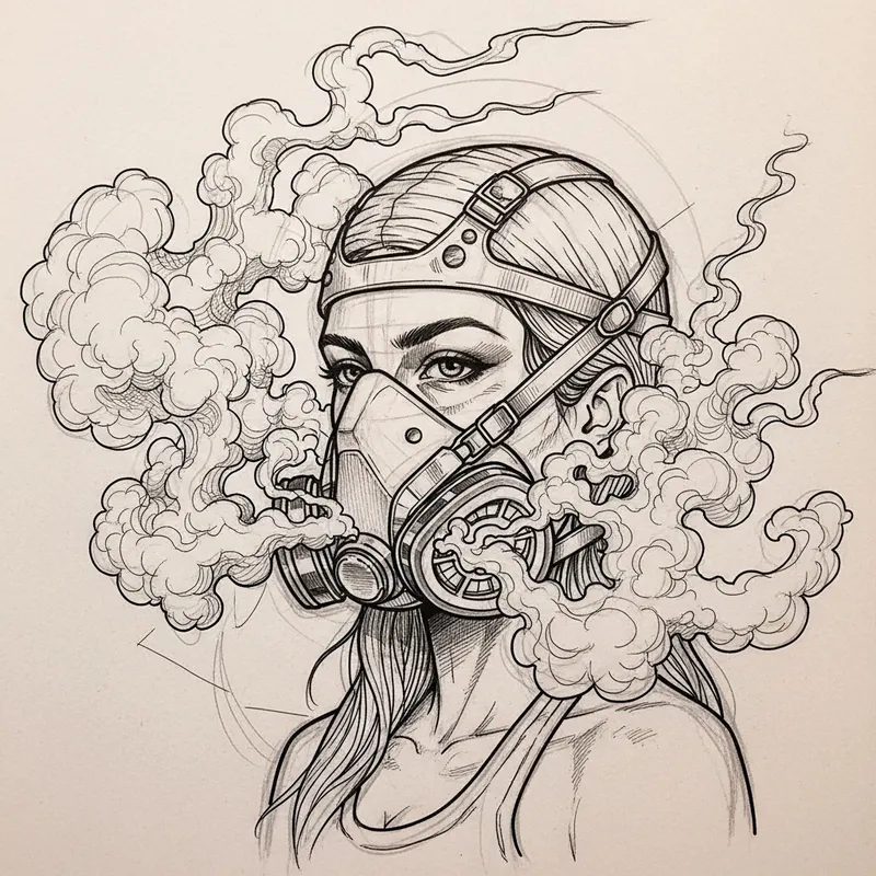 Girl in Respirator Mask Tattoo Sketch | Bold Smoke Effect