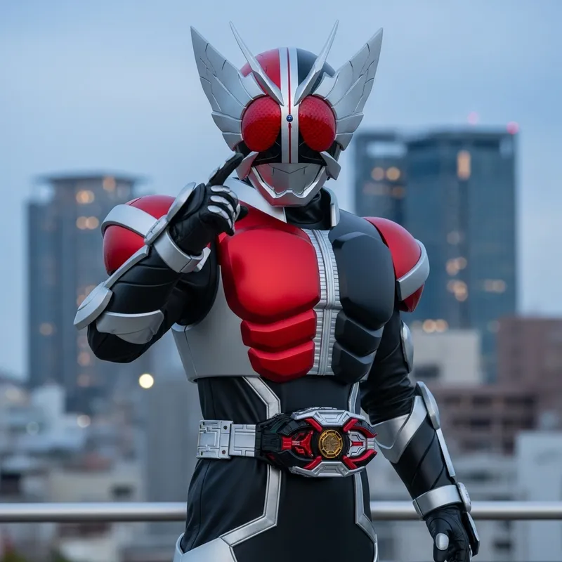 Futuristic Kamen Rider in Armored Suit | City Skyline at Dusk