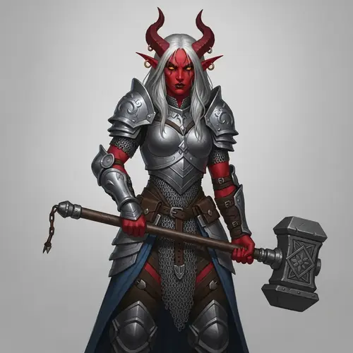 Female Tiefling Warrior with Hammer and Chain Mail