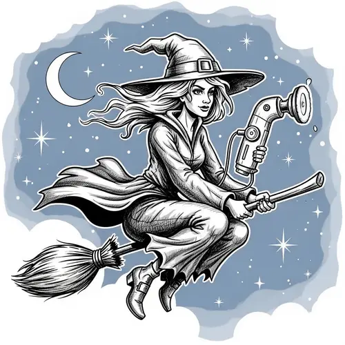 Ambiguous Descent Female Witch Flying with Polishing Machine - Sky View