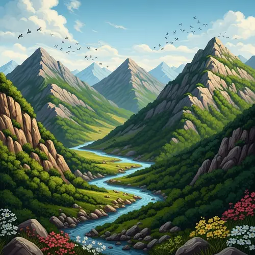 Vital Mountains: A Lyrical Acrylic Painted Landscape