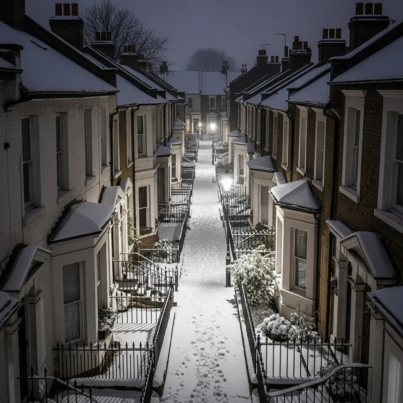 Winter Night Victorian Alley: Serene Snow Scene Winter Night Victorian Alley: Serene Snow Scene