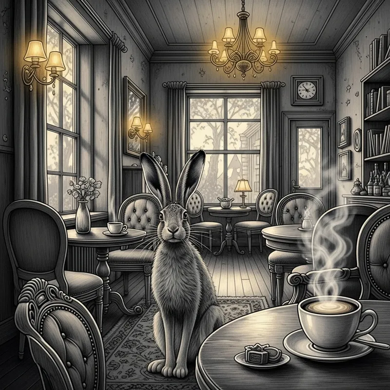Cozy Café Scene with Hare and Vintage Charm | Black, White, Gold Ambiance