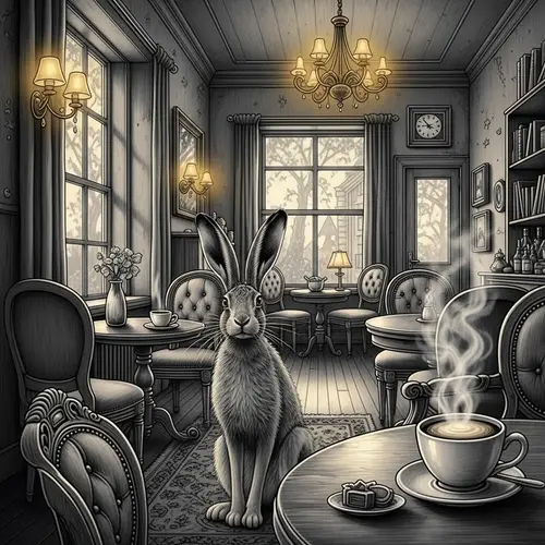 Cozy Café Scene with Hare in Black, White, and Gold | Tranquil Ambiance