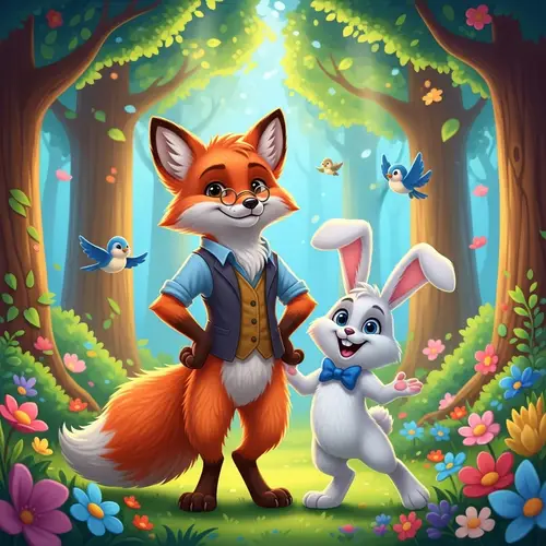 Vibrant Cartoon Scene with Fox and Rabbit in Luscious Forest