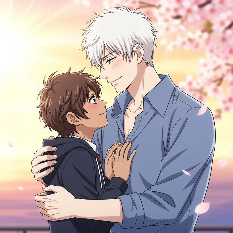 Romantic Gay Anime Couple: Handsome White Man & Cute Dark-Skinned Partner