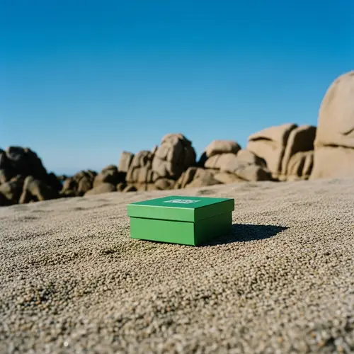 Analog Film Photography: Green Box on Beach with Boulder Rocks