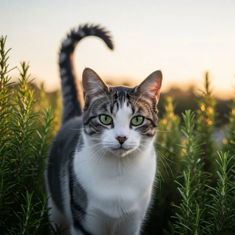 Sleek Medium-Sized Domestic Cat in Black, White, Grey Coat