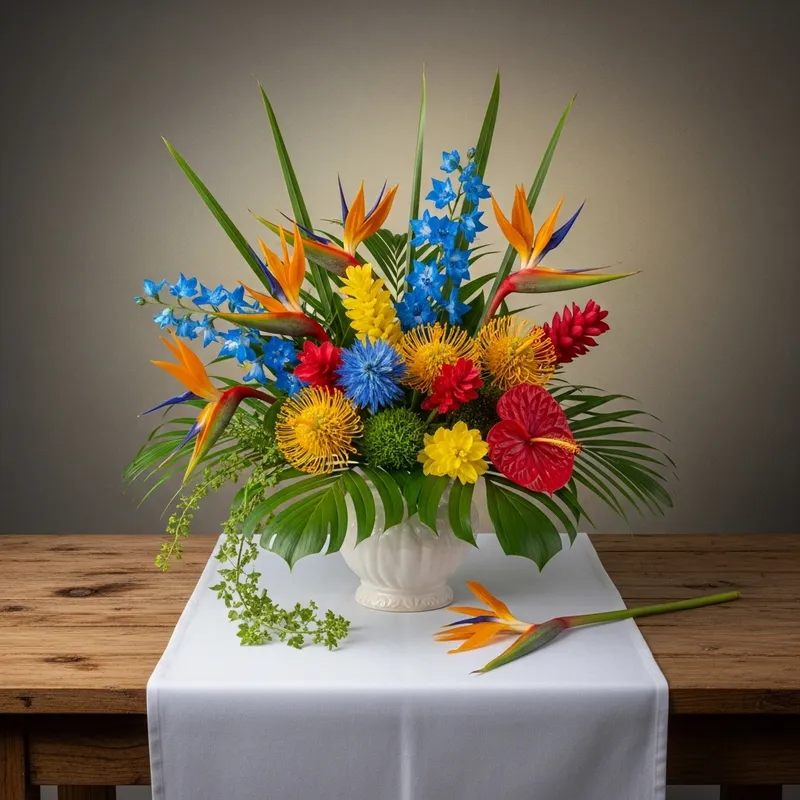 Colorful Tropical Flowers in Elegant White Vase