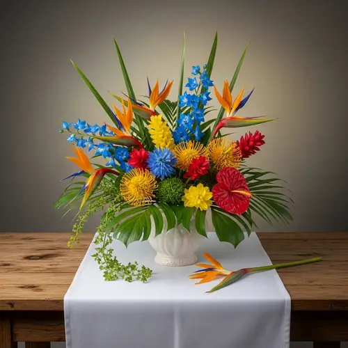 Vibrant Tropical Flowers in White Vase on Wooden Table